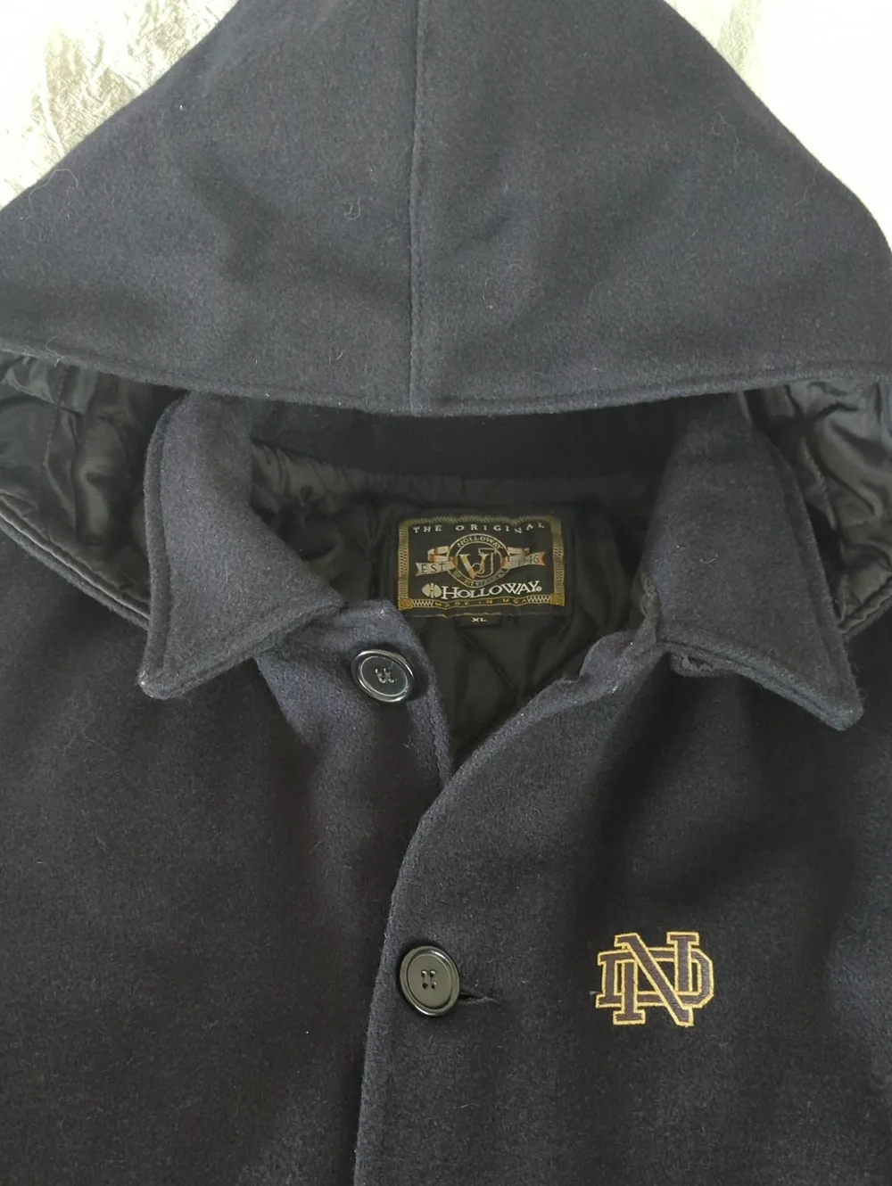 Vintage Holloway Notre Dame Wool Varsity Jacket Removable Hood Mens XL